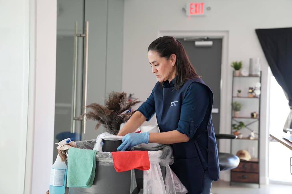 Professional cleaning staff organizing supplies